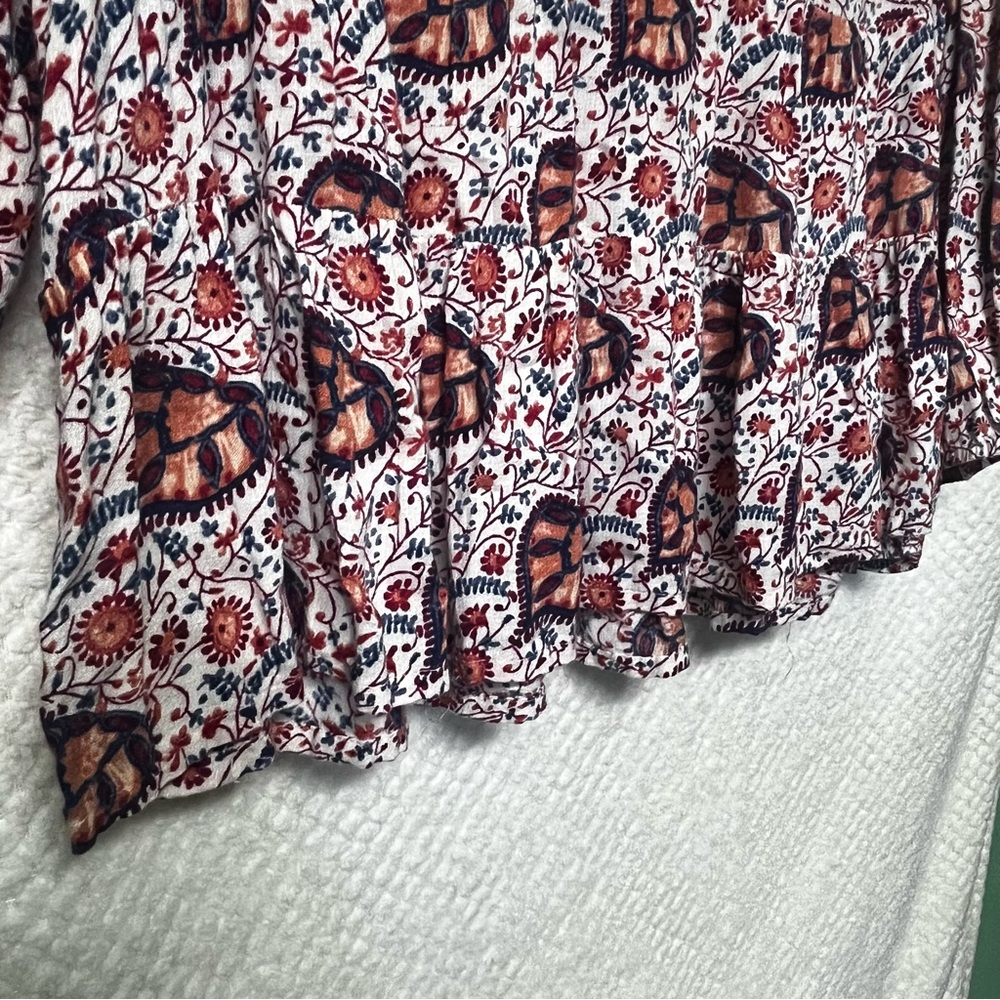 Lucky Brand Blouse Orange Maroon Details Floral Flowy Loose Fit Peasant Sleeve - Picture 4 of 8